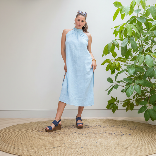 Nairobi halter dress in Sky featuring intricate handwoven neckline and double cheesecloth body.