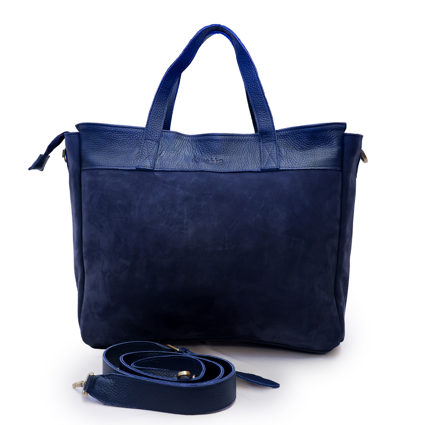 Firyali tote in Navy blue hunting suede and natural milled leather with adjustable shoulder strap