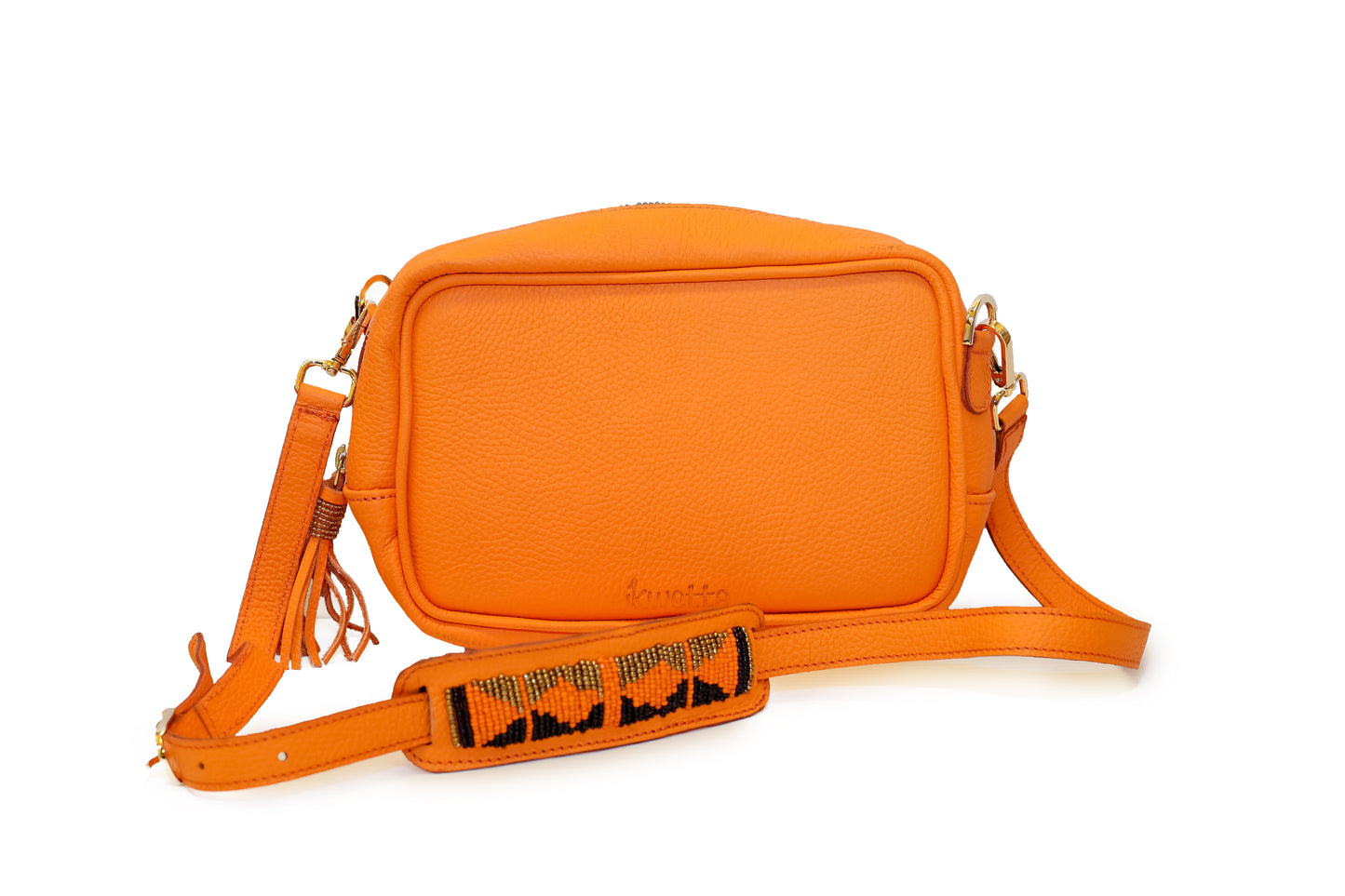 Robin Crossbody in Tangelo Milled Leather with Maasai beaded Bag strap