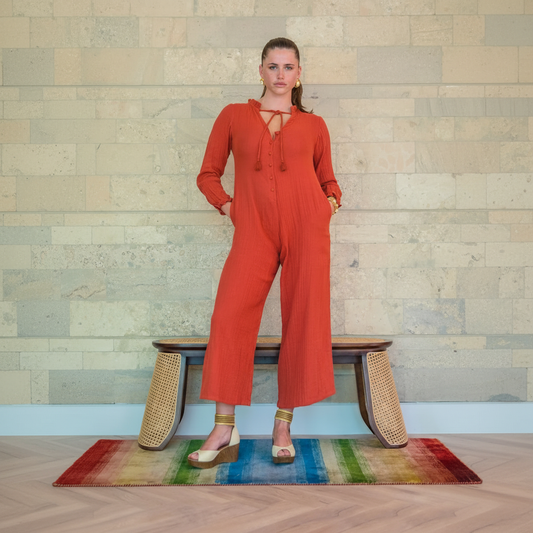 Terracotta Cairo jumpsuit crafted from soft, temperature-adaptive double cheesecloth.