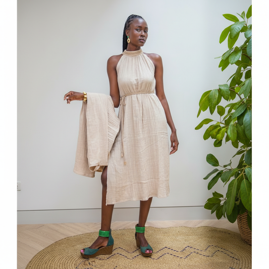 Honey Nairobi halter dress with artisanal handwoven neckline and flowing double cheesecloth.