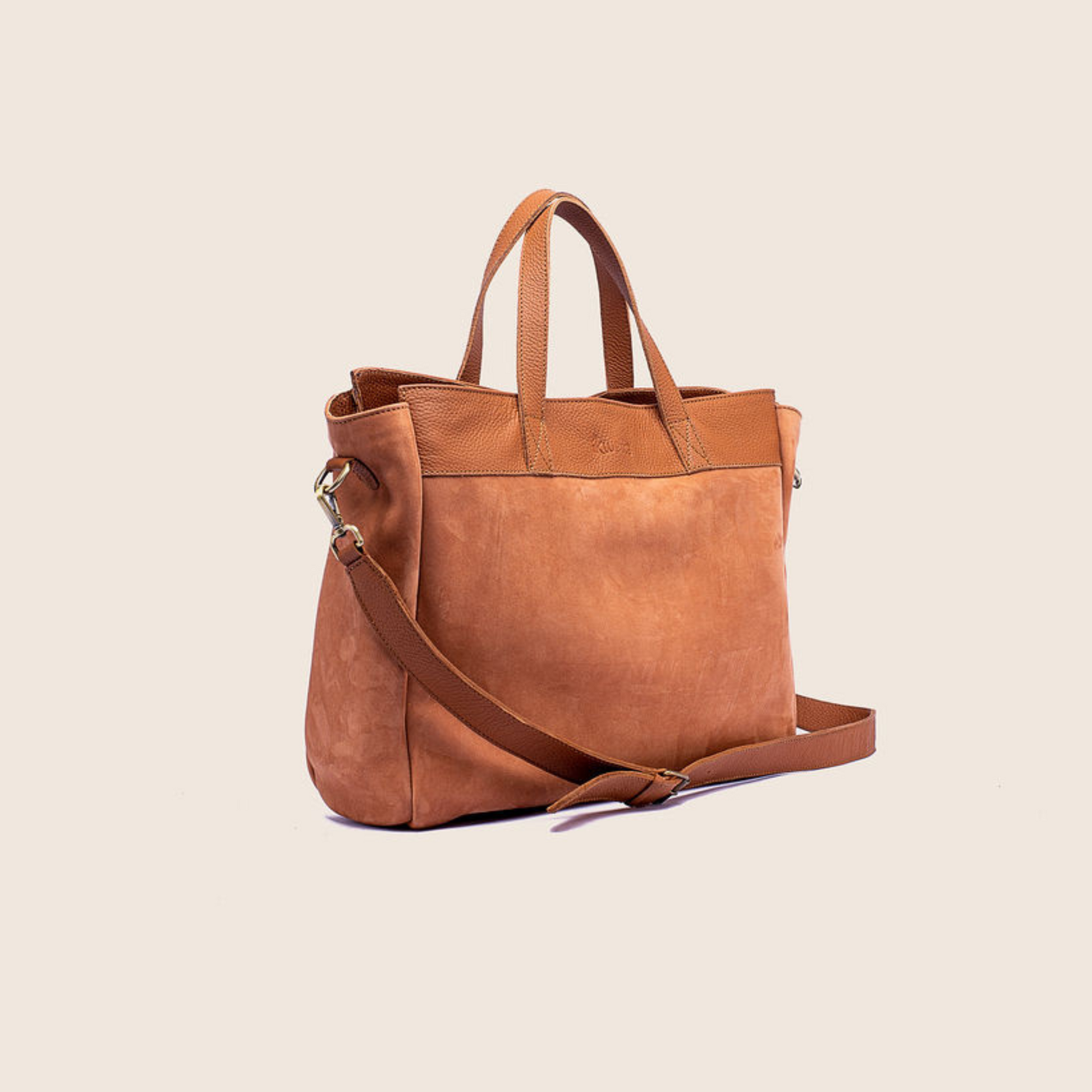 Firyali tote in Sugar almond hunting suede and natural milled leather with adjustable shoulder strap