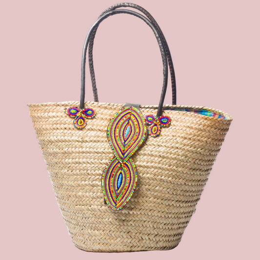 Kikoy beach bag with sisal, leather top handles and Maasai beaded flap