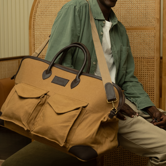 Gin weekender bag in tan canvas and brown smooth leather