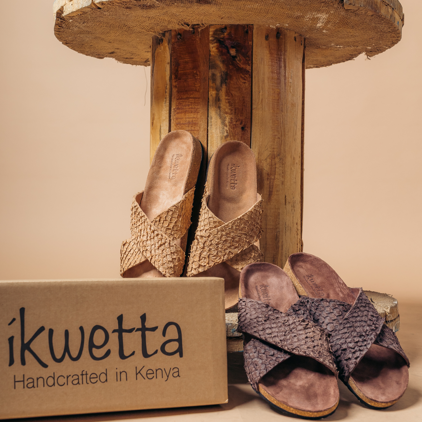 Samia cork sandals in ebony and honey fish leather with cork footbed.