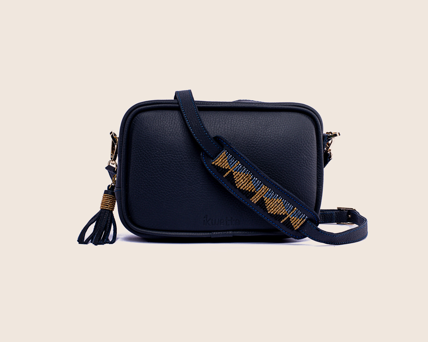 Robin Crossbody in Navy blue Milled Leather with Maasai beaded Bag strap