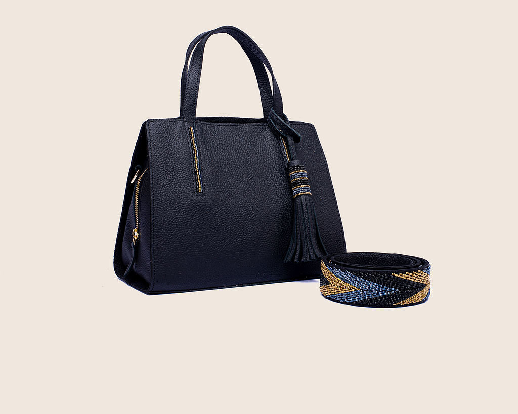 Kate bag in  milled leather and with Maasai beaded strap.