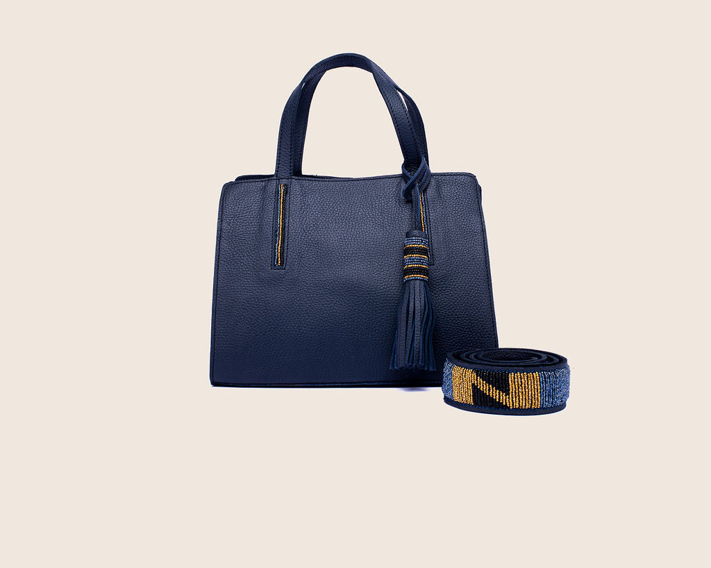 Kate bag in Navy blue milled leather and with Maasai beaded strap.