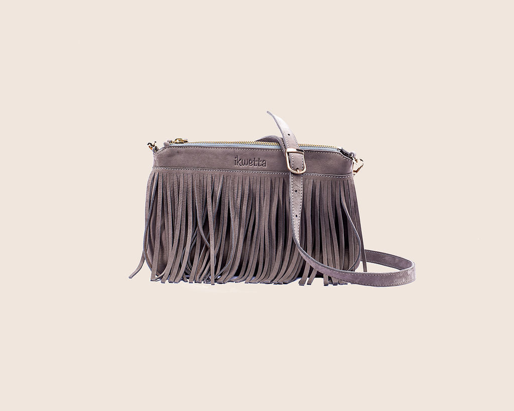 Fringe crossbody handcrafted in grey hunting suede