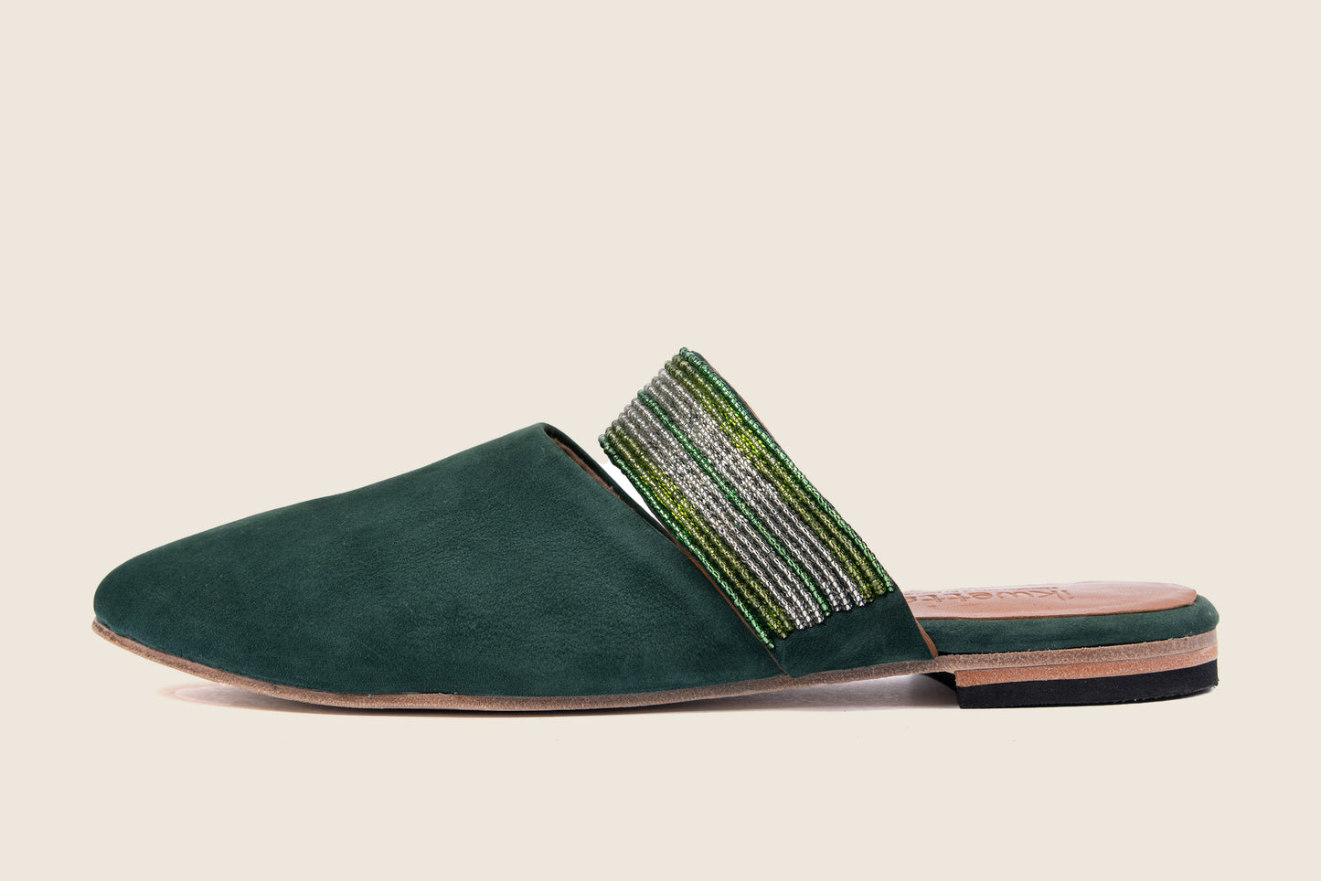 Beaded suede forest green mule with leather sole