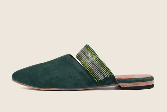 Beaded suede forest green mule with leather sole