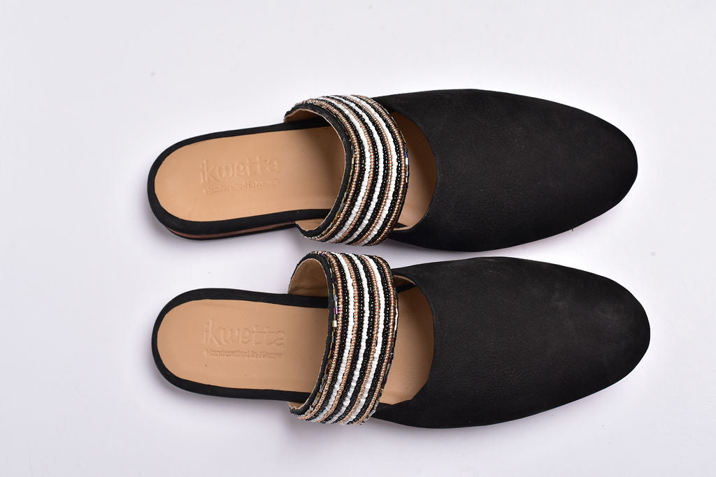 Beaded suede black mule with leather sole