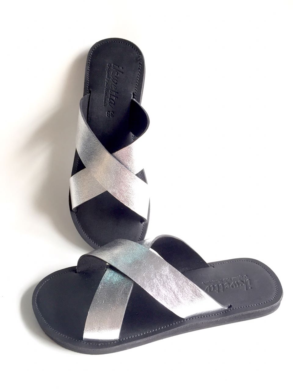 Clio sandals with silver foil and black smooth leather