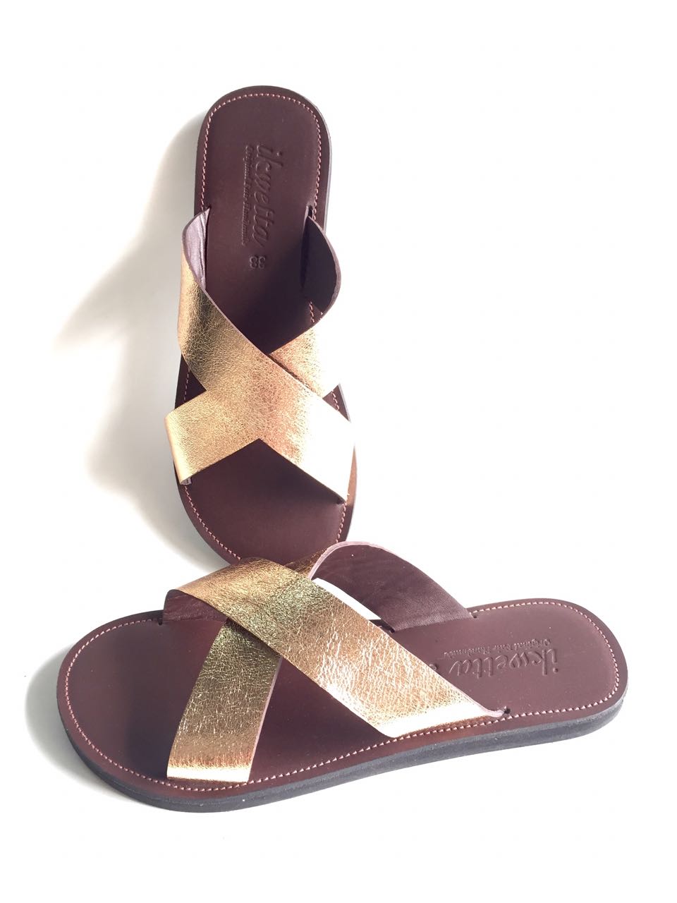 Clio sandals with gold leather foil and chocolate smooth leather