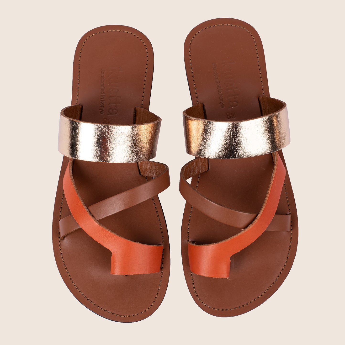 Toe cross sandals in orange(Garcia) with caramel smooth leather and gold foil strap
