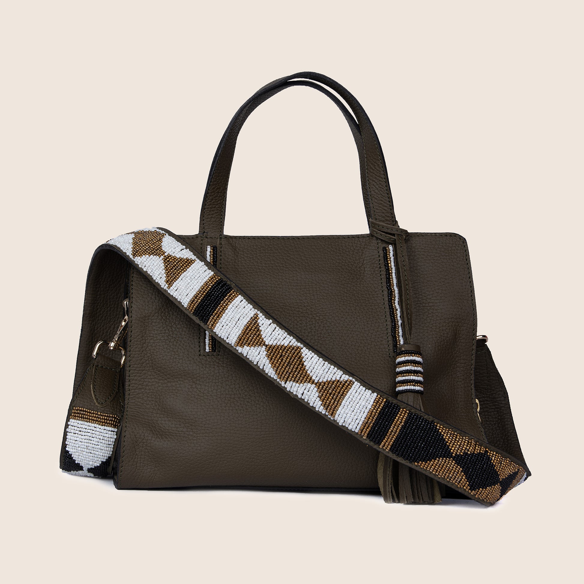 Kate bag in Sugar olive milled leather and with Maasai beaded strap.