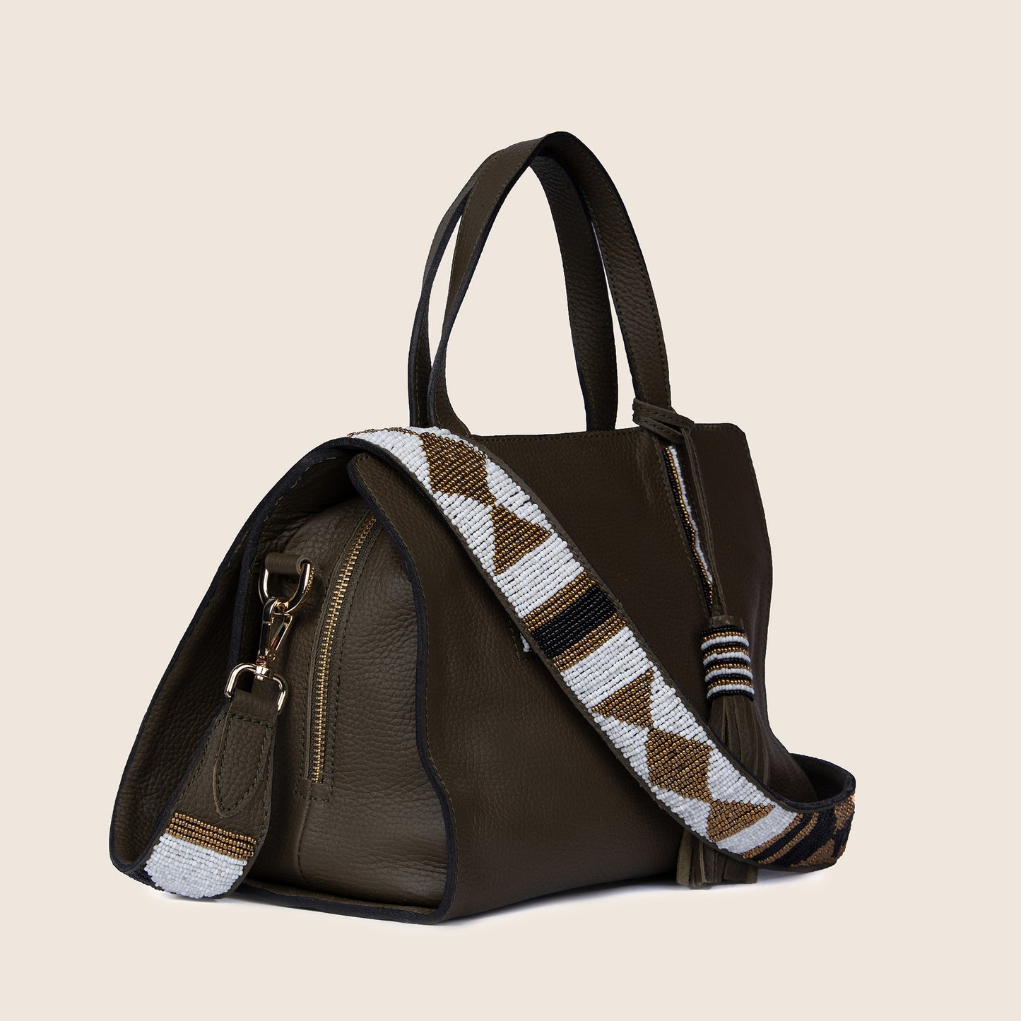 Kate bag in Sugar olive milled leather and with Maasai beaded strap.